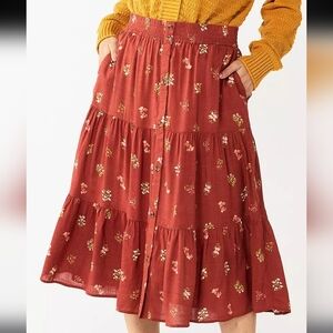 NWOT Floral Rust Tiered Button-Down Skirt